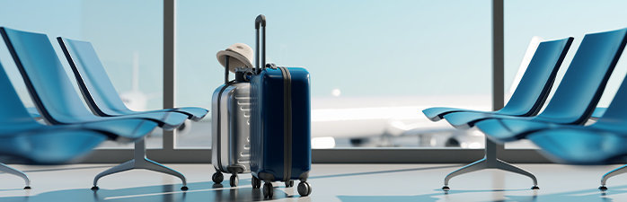 Suitcase with a hat resting on the handle in the airport